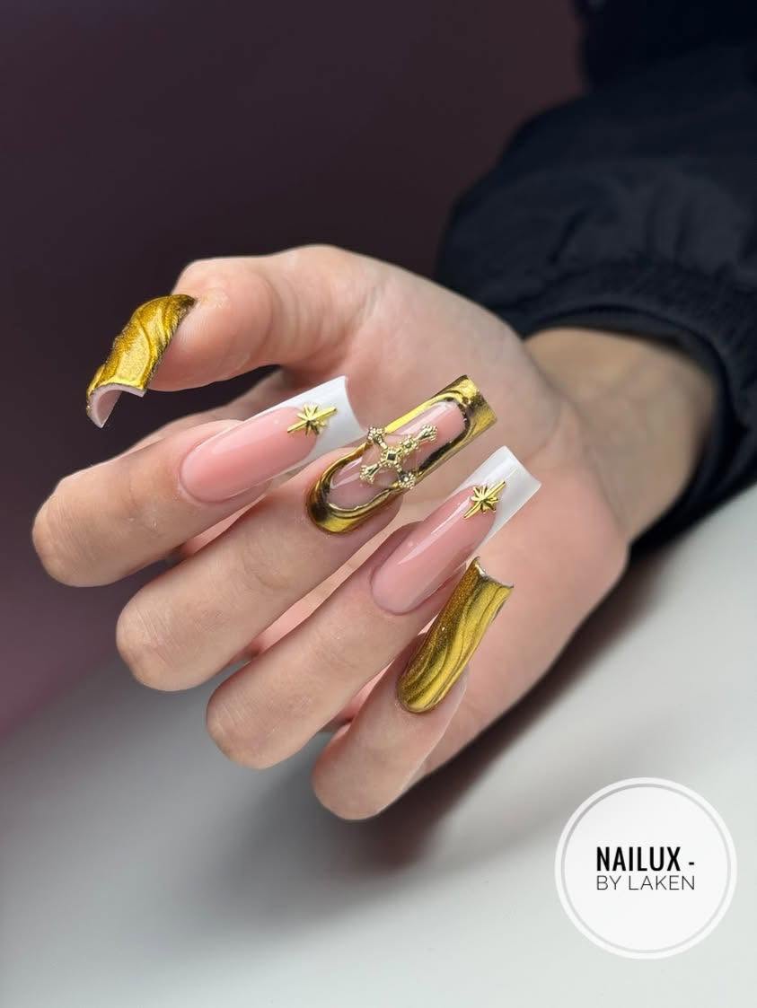 Gold chrome and French tip luxury nail art by NAILUX Beauty Studio Żebbuġ Malta