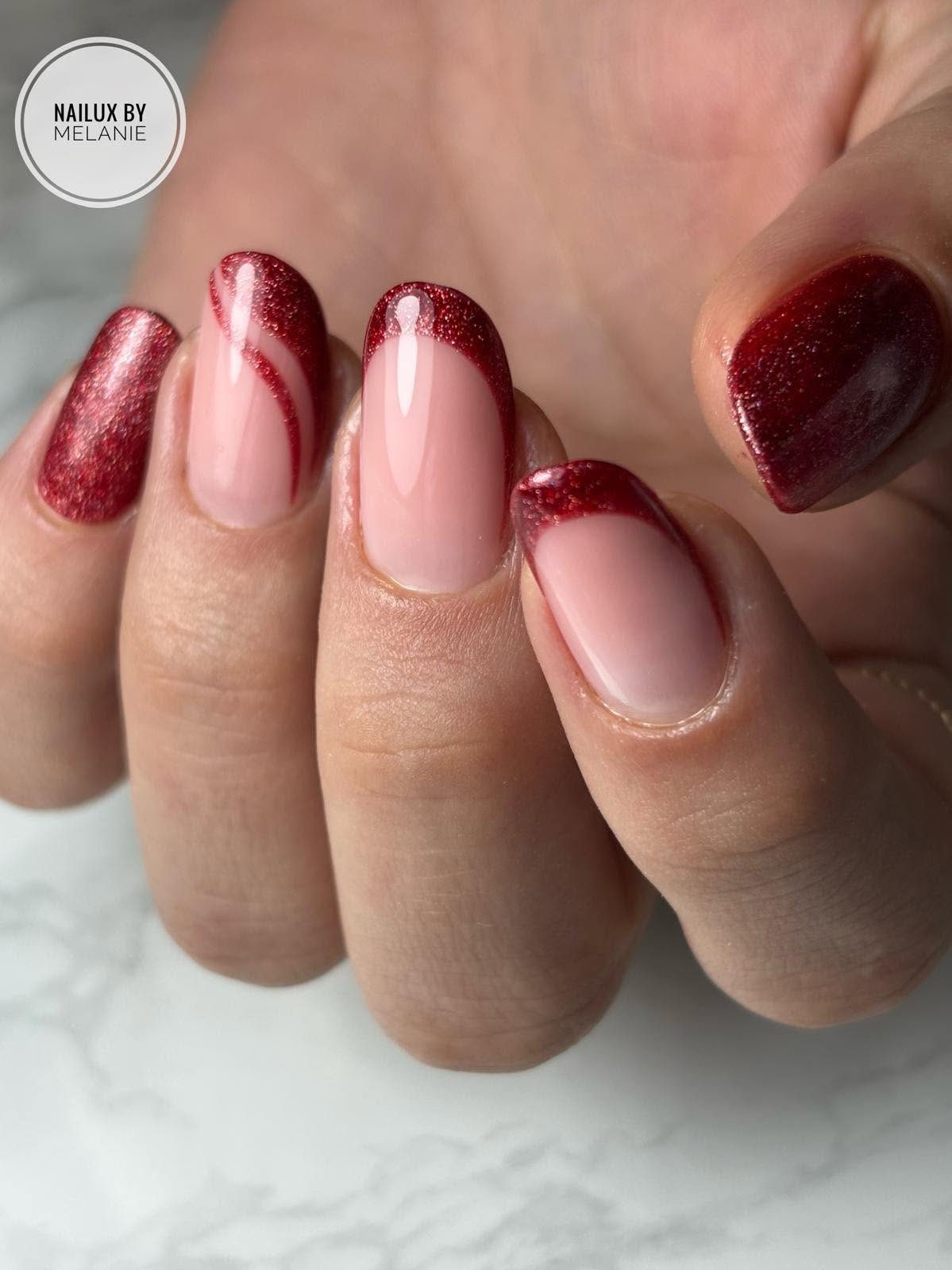Glitter red French manicure, elegant gel nails at NAILUX Beauty Studio Malta